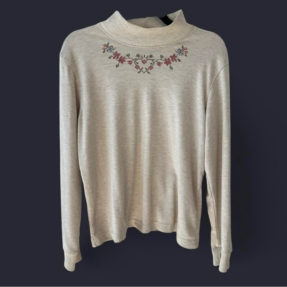 Alfred Dunner Beige Long Sleeve Mock With Heart & Flower Embroidery